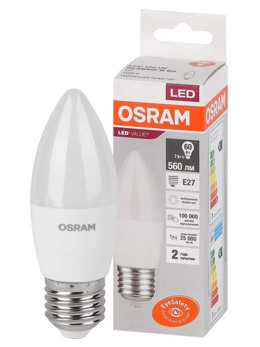 Лампа светодиодная LED Value LVCLB60 7SW/840 свеча матовая E27 230В 10х1 RU OSRAM 4058075579477