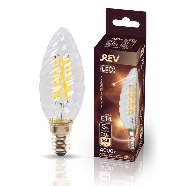 Светодиодная лампа REV Ritter LED FILAMENT свеча витая TC37 E14 5W, 4000K, DECO Premium, нейтральный