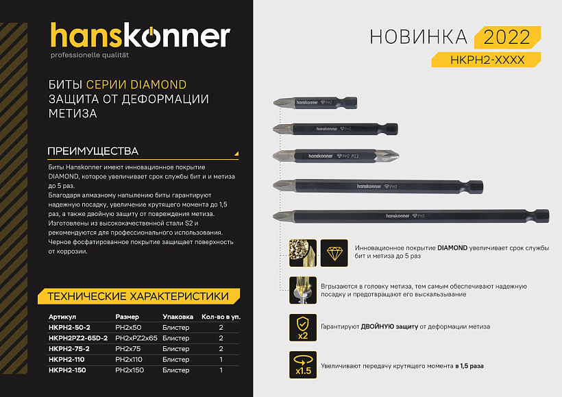 Биты Hanskonner PH2x75мм, 2шт