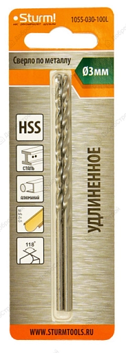 Сверло по по металлу Sturm 3х100 мм, сталь HSS, удлиненное, 118°, 2 шт